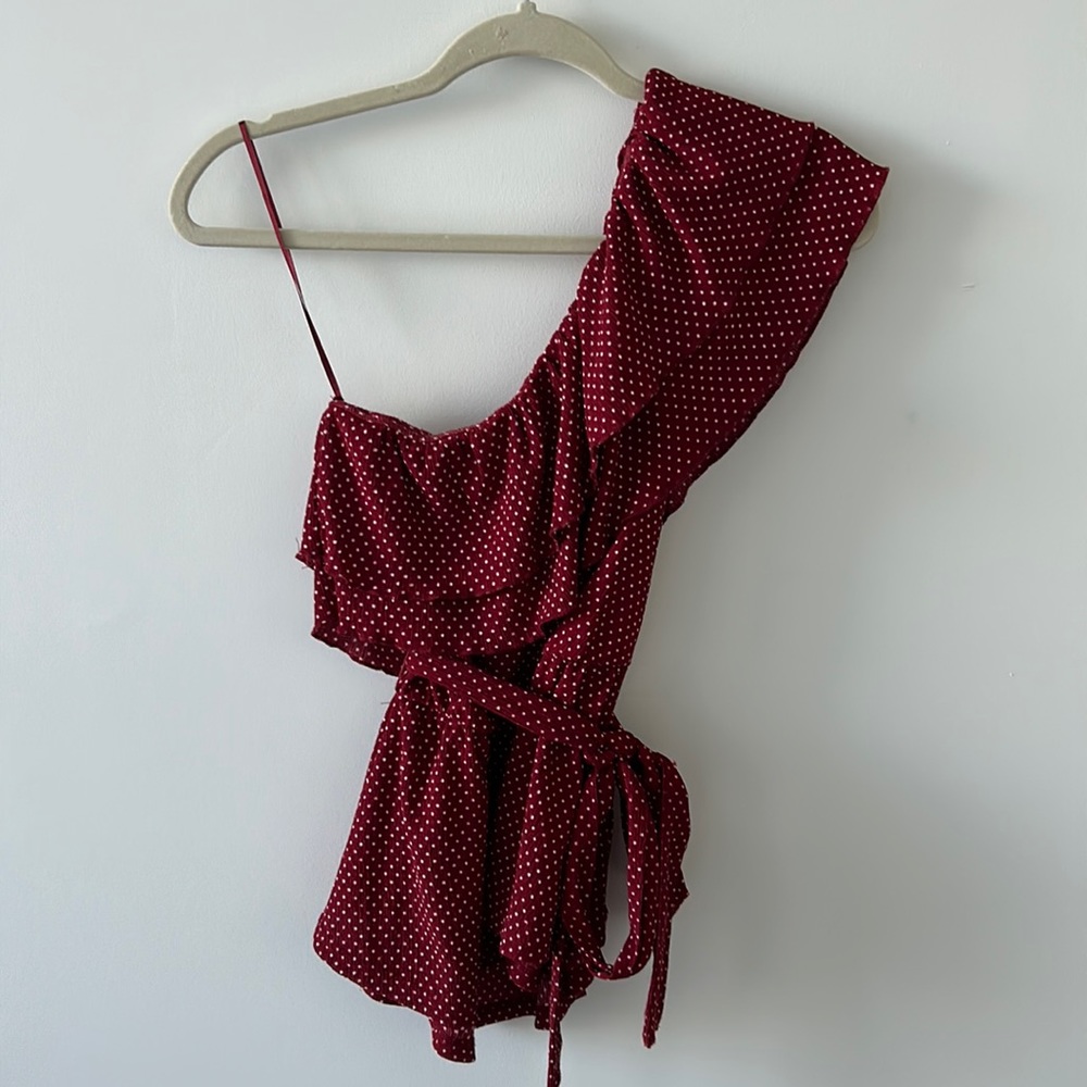 Maeve flirty, red and white polkadot, one shoulder blouse